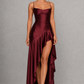 Women’s Satin High-Low Maxi Dress with Ruffle Hem & Split