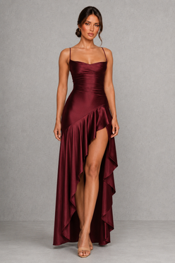Women’s Satin High-Low Maxi Dress with Ruffle Hem & Split