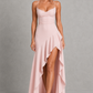 Women’s Satin High-Low Maxi Dress with Ruffle Hem & Split