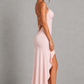 Women’s Satin High-Low Maxi Dress with Ruffle Hem & Split