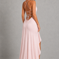 Women’s Satin High-Low Maxi Dress with Ruffle Hem & Split