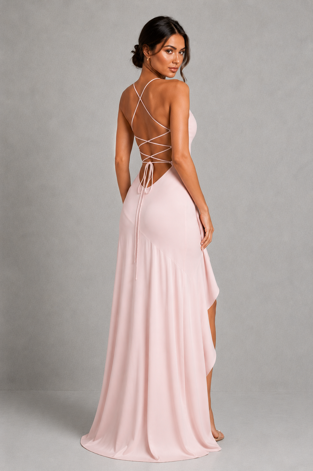 Women’s Satin High-Low Maxi Dress with Ruffle Hem & Split