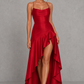 Women’s Satin High-Low Maxi Dress with Ruffle Hem & Split