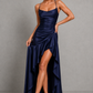 Women’s Satin High-Low Maxi Dress with Ruffle Hem & Split