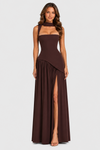 Women’s satin maxi dress with sculpted bodice, asymmetric draped skirt, and thigh slit detail