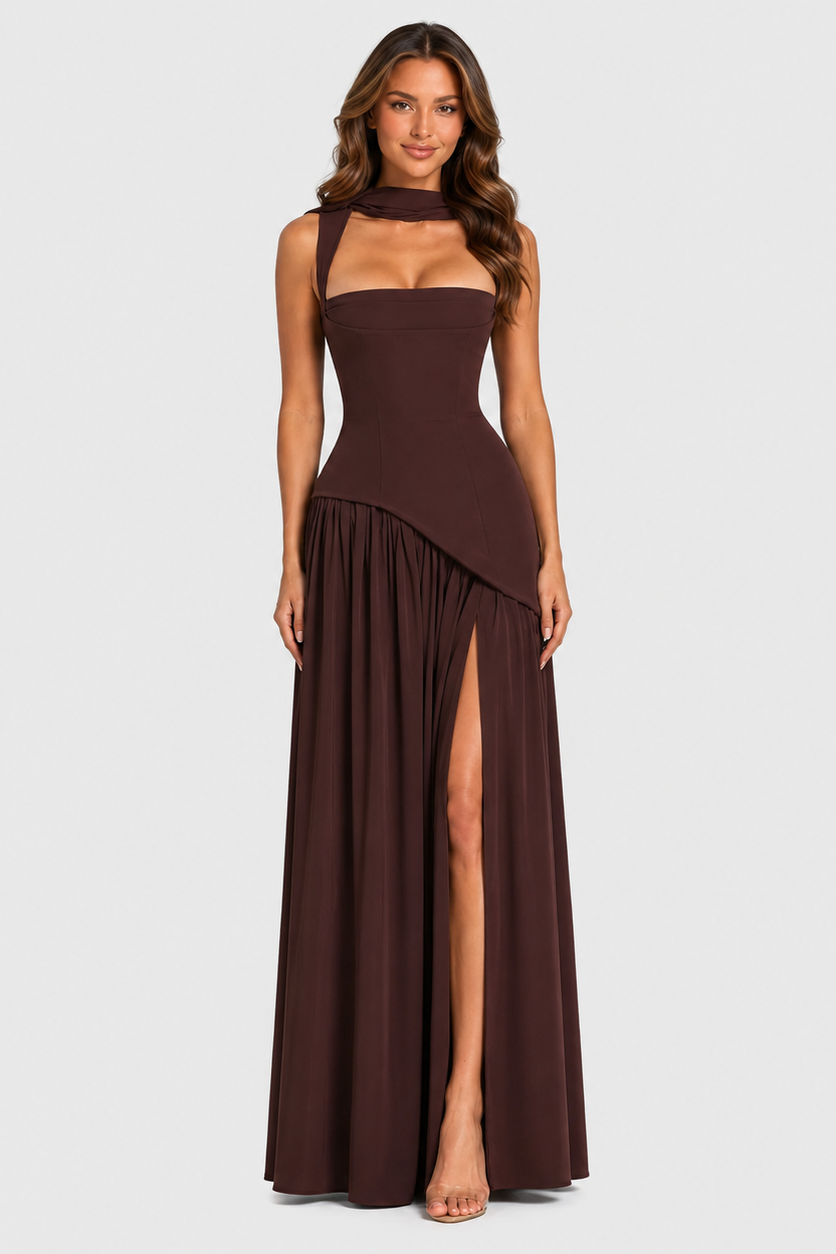 Women’s satin maxi dress with sculpted bodice, asymmetric draped skirt, and thigh slit detail