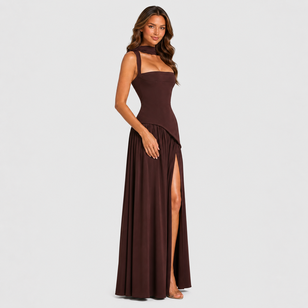 Women’s satin maxi dress with sculpted bodice, asymmetric draped skirt, and thigh slit detail
