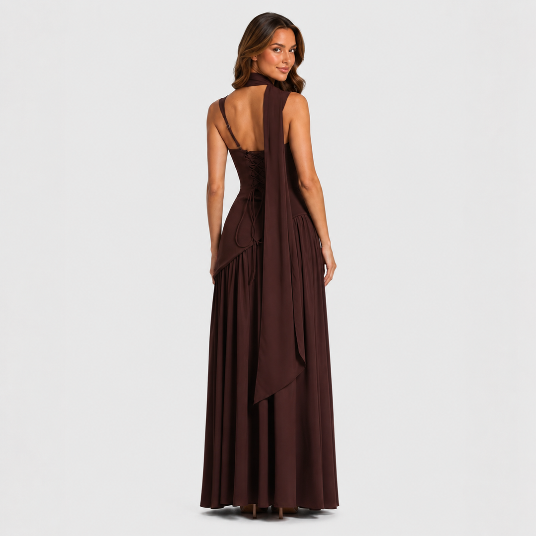 Women’s satin maxi dress with sculpted bodice, asymmetric draped skirt, and thigh slit detail