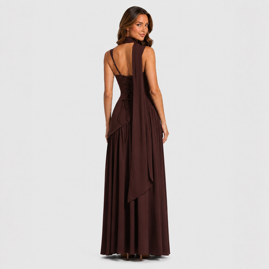 Women’s satin maxi dress with sculpted bodice, asymmetric draped skirt, and thigh slit detail