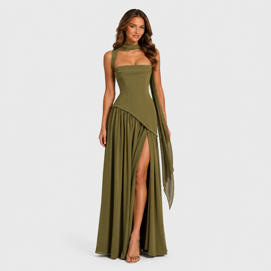 Women’s satin maxi dress with sculpted bodice, asymmetric draped skirt, and thigh slit detail