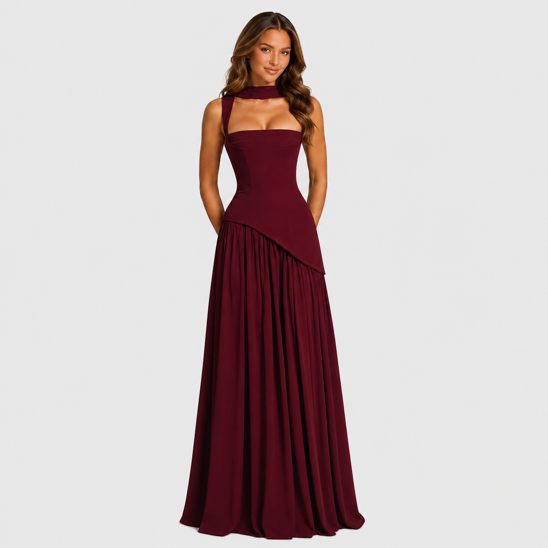 Women’s satin maxi dress with sculpted bodice, asymmetric draped skirt, and thigh slit detail