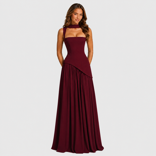 Women’s satin maxi dress with sculpted bodice, asymmetric draped skirt, and thigh slit detail