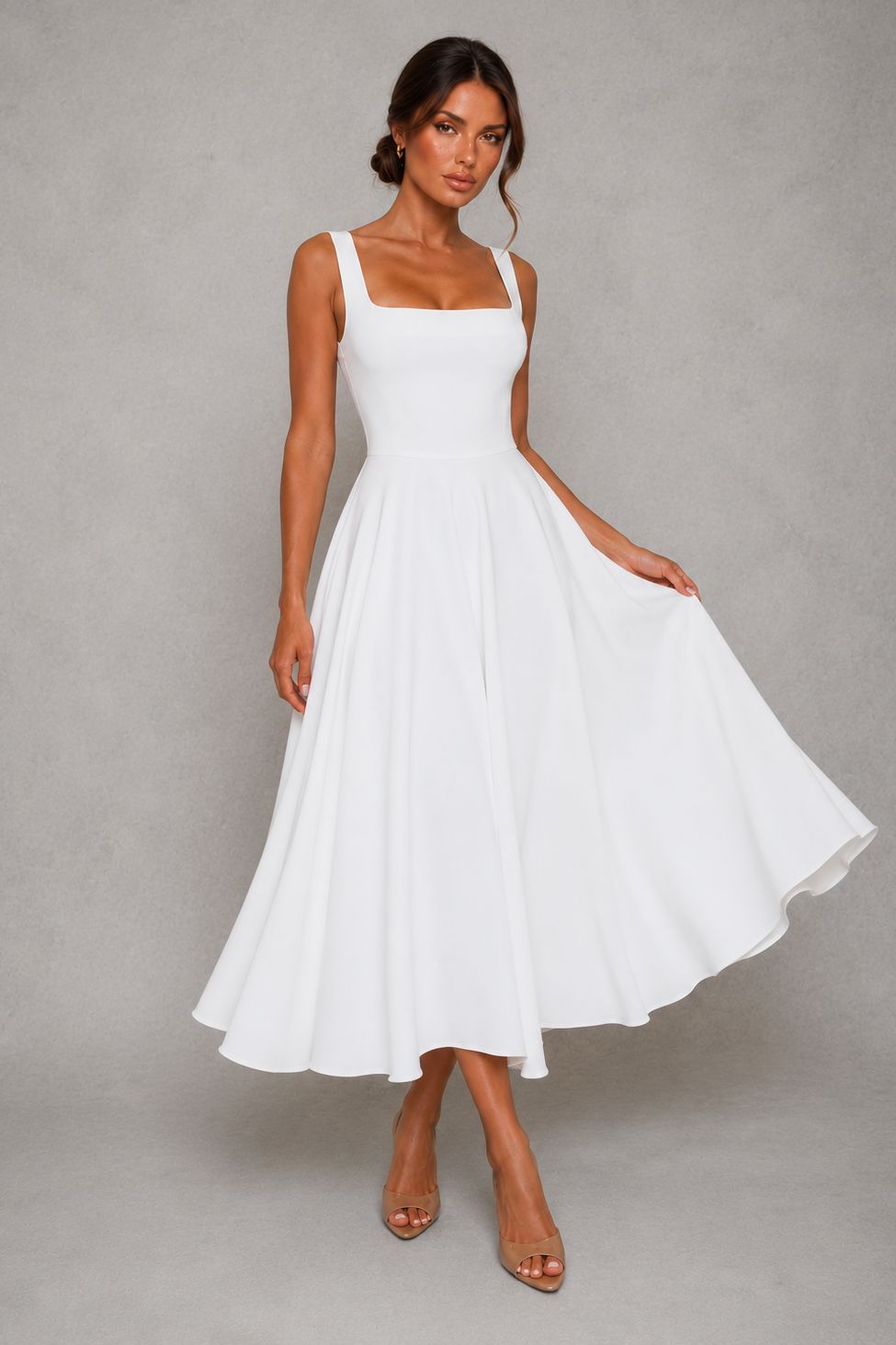 Women's Square Neck A-Line Midi Dress - Wedding Guest Fit & Flare Dress