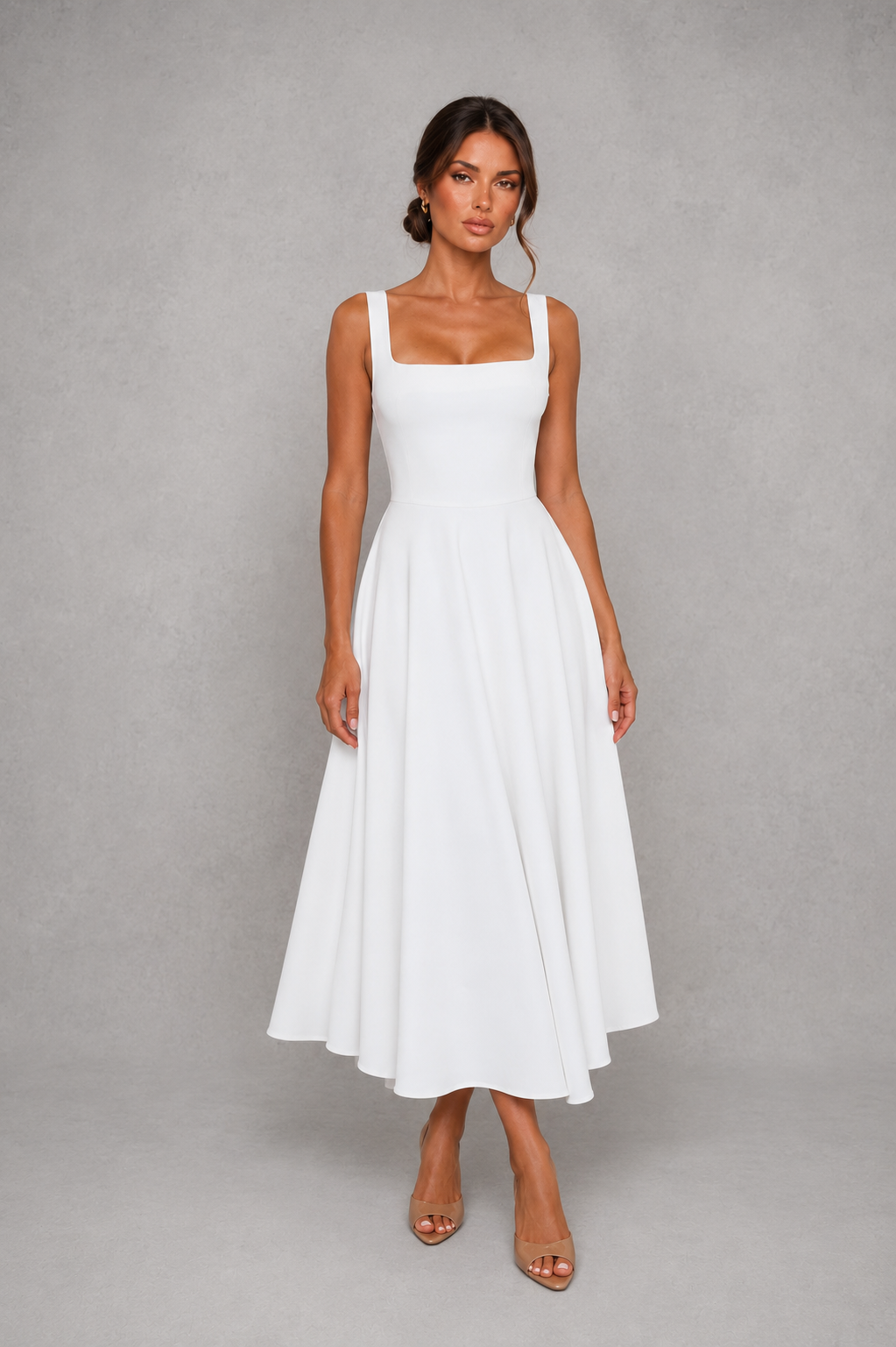 Women's Square Neck A-Line Midi Dress - Wedding Guest Fit & Flare Dress