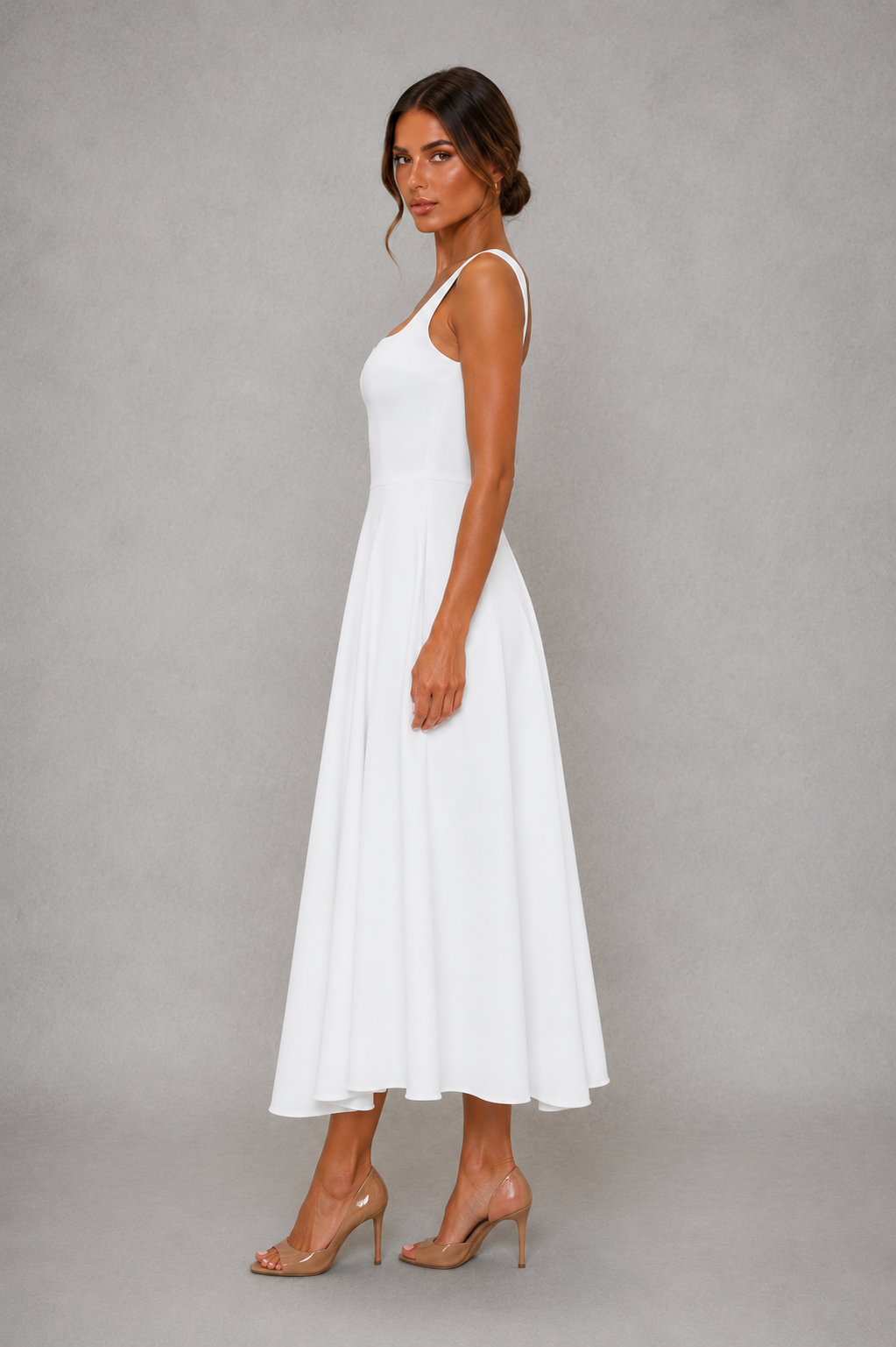 Women's Square Neck A-Line Midi Dress - Wedding Guest Fit & Flare Dress