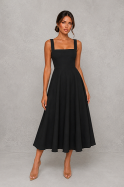 Women's Square Neck A-Line Midi Dress - Wedding Guest Fit & Flare Dress