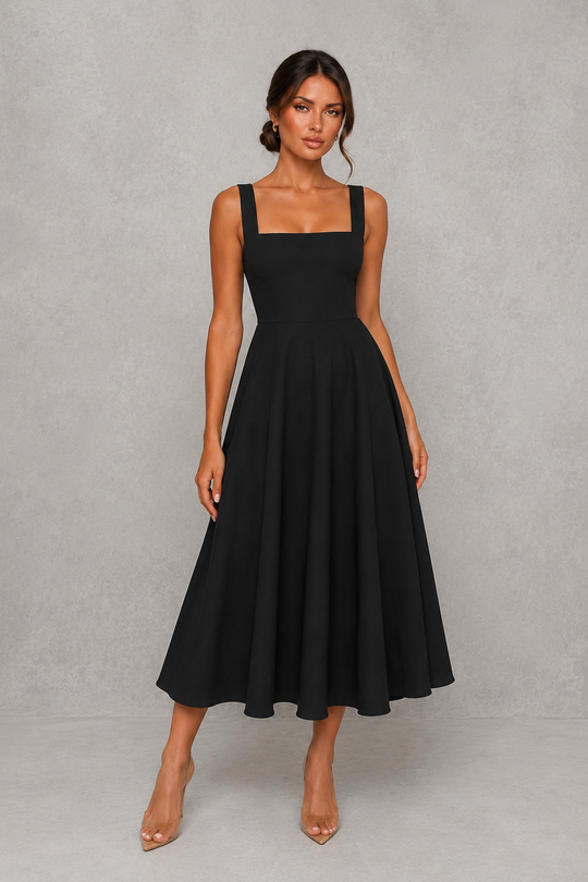 Women's Square Neck A-Line Midi Dress - Wedding Guest Fit & Flare Dress