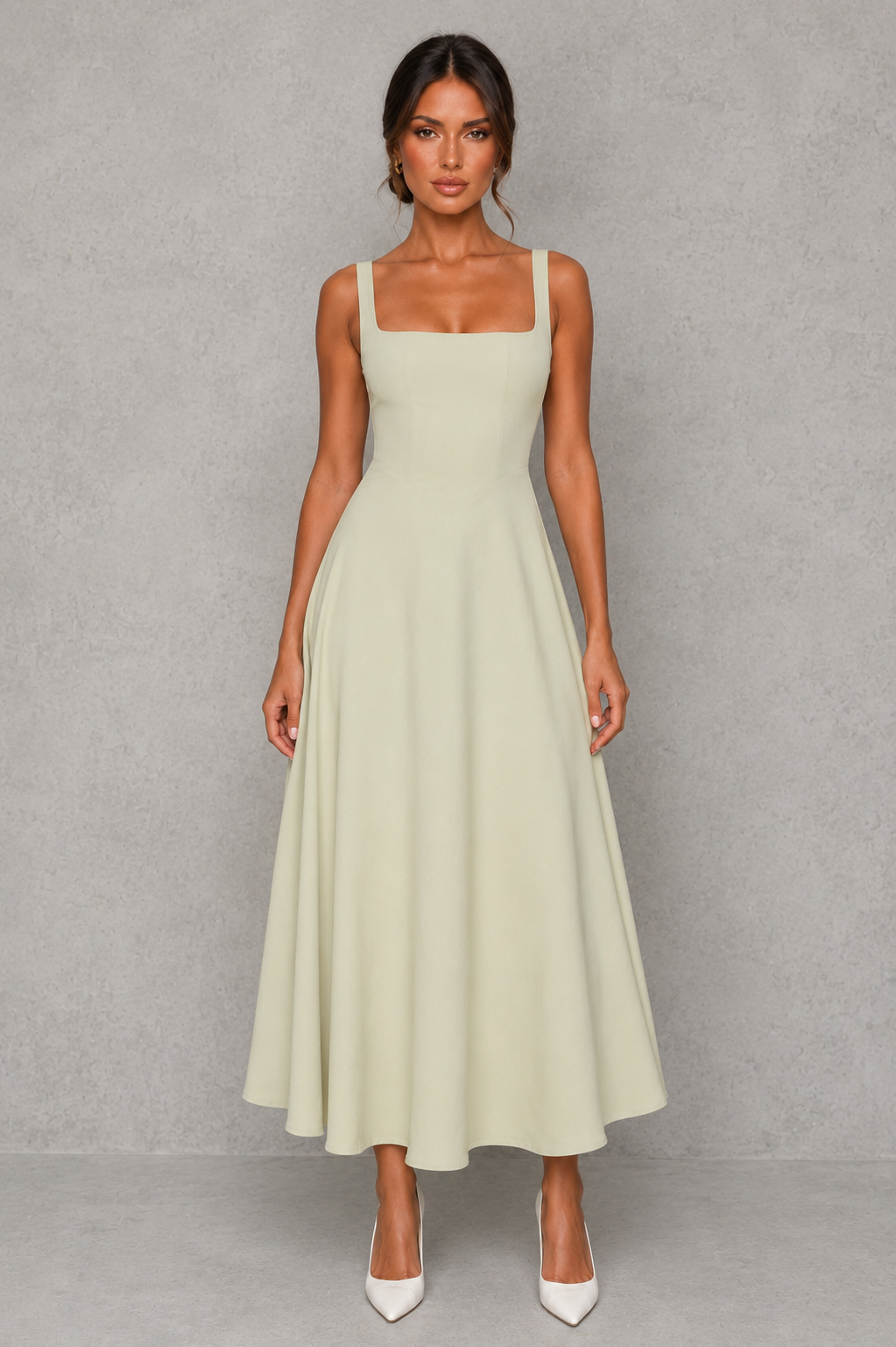 Women's Square Neck A-Line Midi Dress - Wedding Guest Fit & Flare Dress