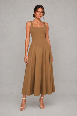 Women's Square Neck A-Line Midi Dress - Wedding Guest Fit & Flare Dress