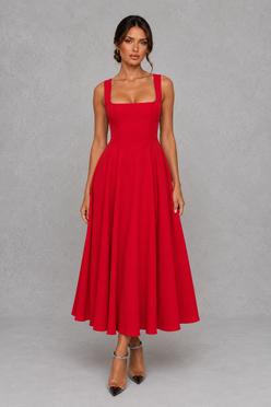 Women's Square Neck A-Line Midi Dress - Wedding Guest Fit & Flare Dress