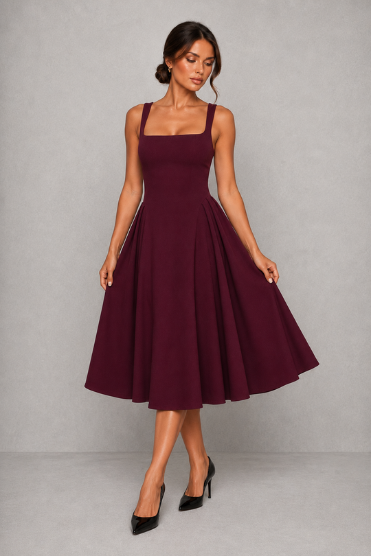 Women's Wedding Guest Midi Dress - Square Neck Fit & Flare Occasion Dress