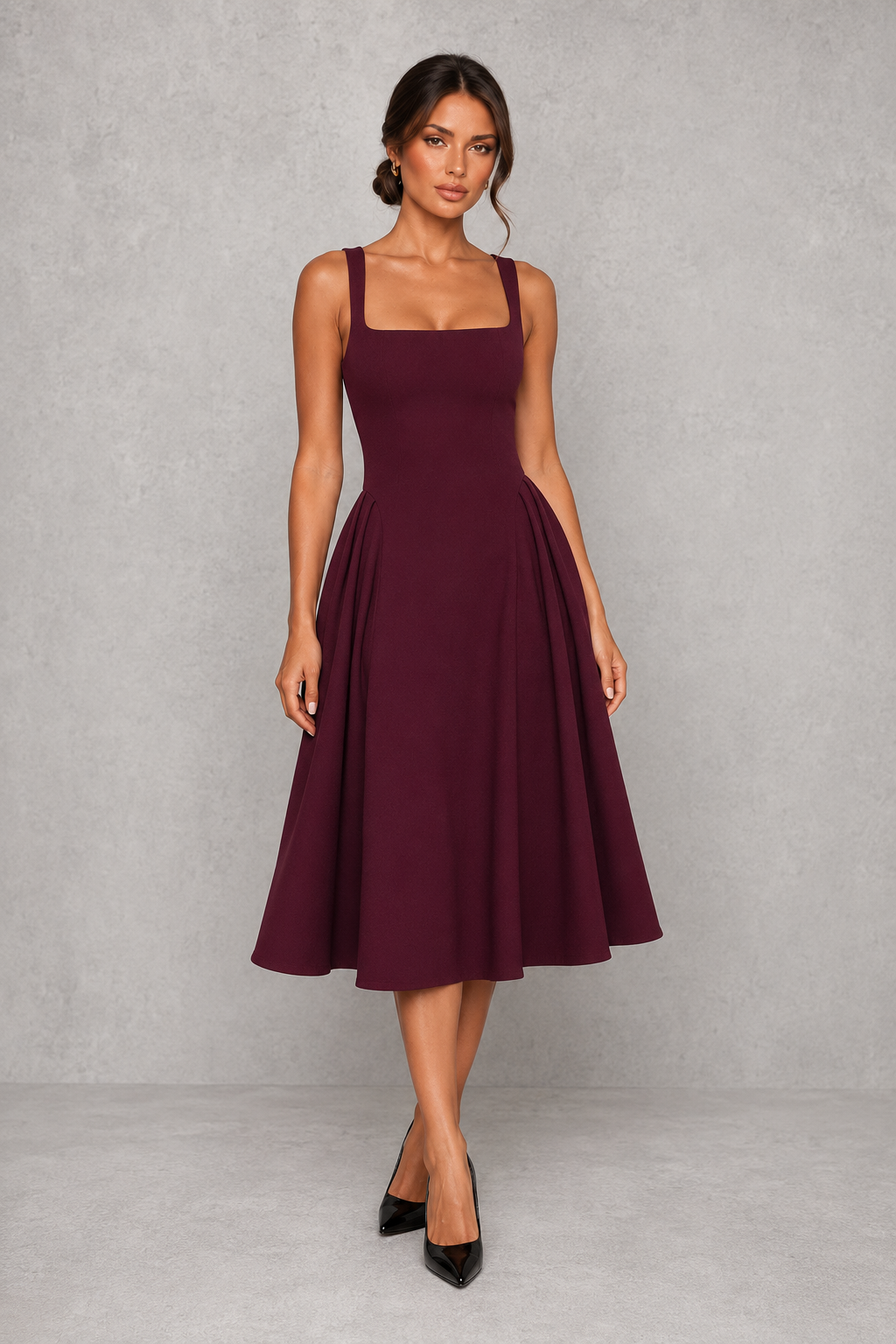Women's Wedding Guest Midi Dress - Square Neck Fit & Flare Occasion Dress