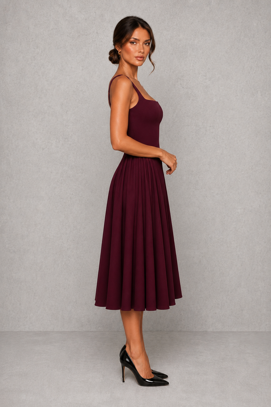 Women's Wedding Guest Midi Dress - Square Neck Fit & Flare Occasion Dress