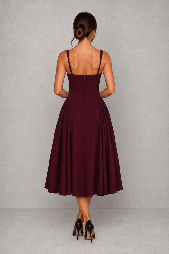 Women's Wedding Guest Midi Dress - Square Neck Fit & Flare Occasion Dress