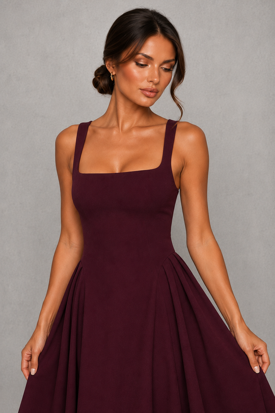 Women's Wedding Guest Midi Dress - Square Neck Fit & Flare Occasion Dress