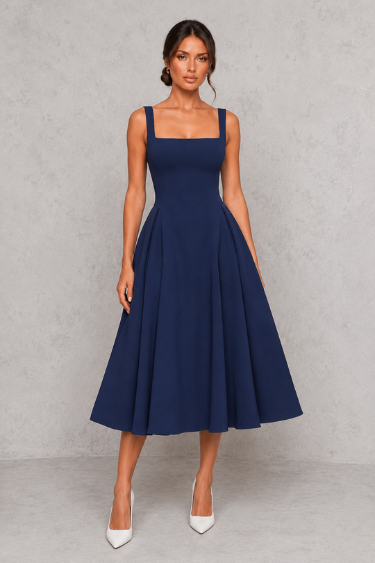 Women's Wedding Guest Midi Dress - Square Neck Fit & Flare Occasion Dress