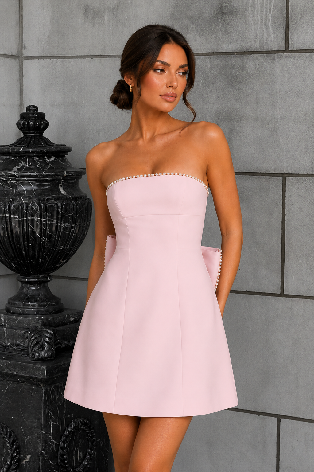 Women’s Strapless Bubble Mini Dress with Pearl Bow