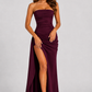 Women’s strapless ruched maxi dress featuring a body-hugging silhouette, cascading ruffle detailing, and a thigh-high split for formal evening occasions.