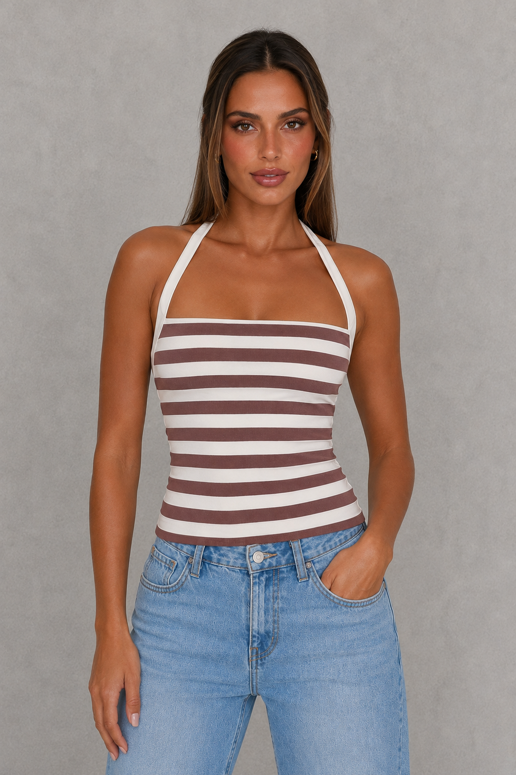 Women’s Striped Halter Crop Top with Square Neck