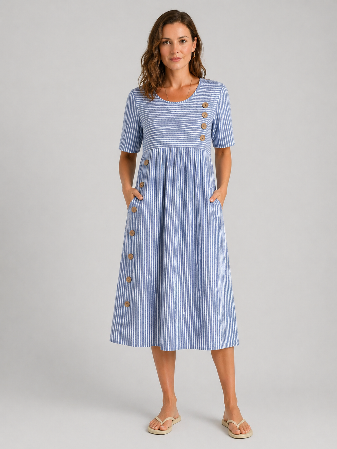 Women’s striped midi dress with relaxed A-line fit and side pockets