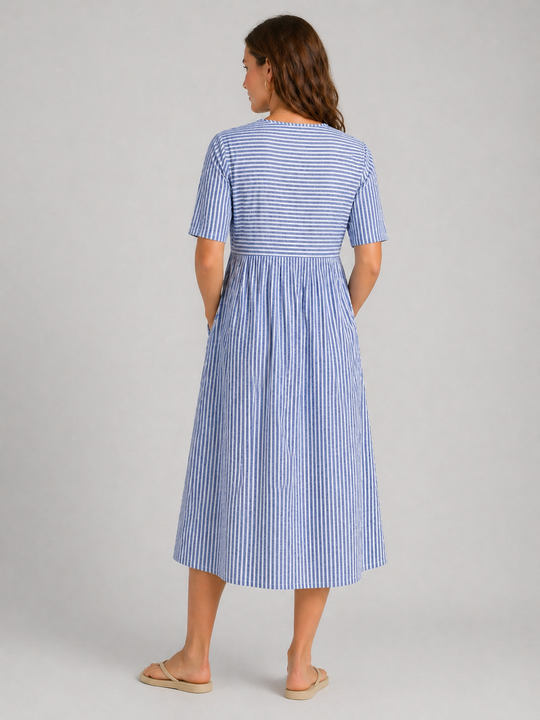 Women’s striped midi dress with relaxed A-line fit and side pockets