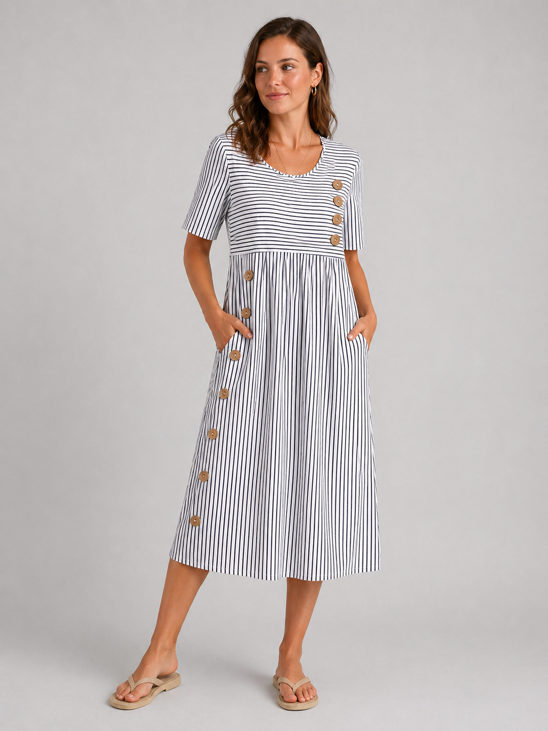 Women’s striped midi dress with relaxed A-line fit and side pockets