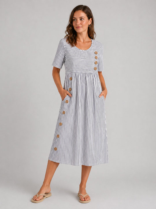 Women’s striped midi dress with relaxed A-line fit and side pockets