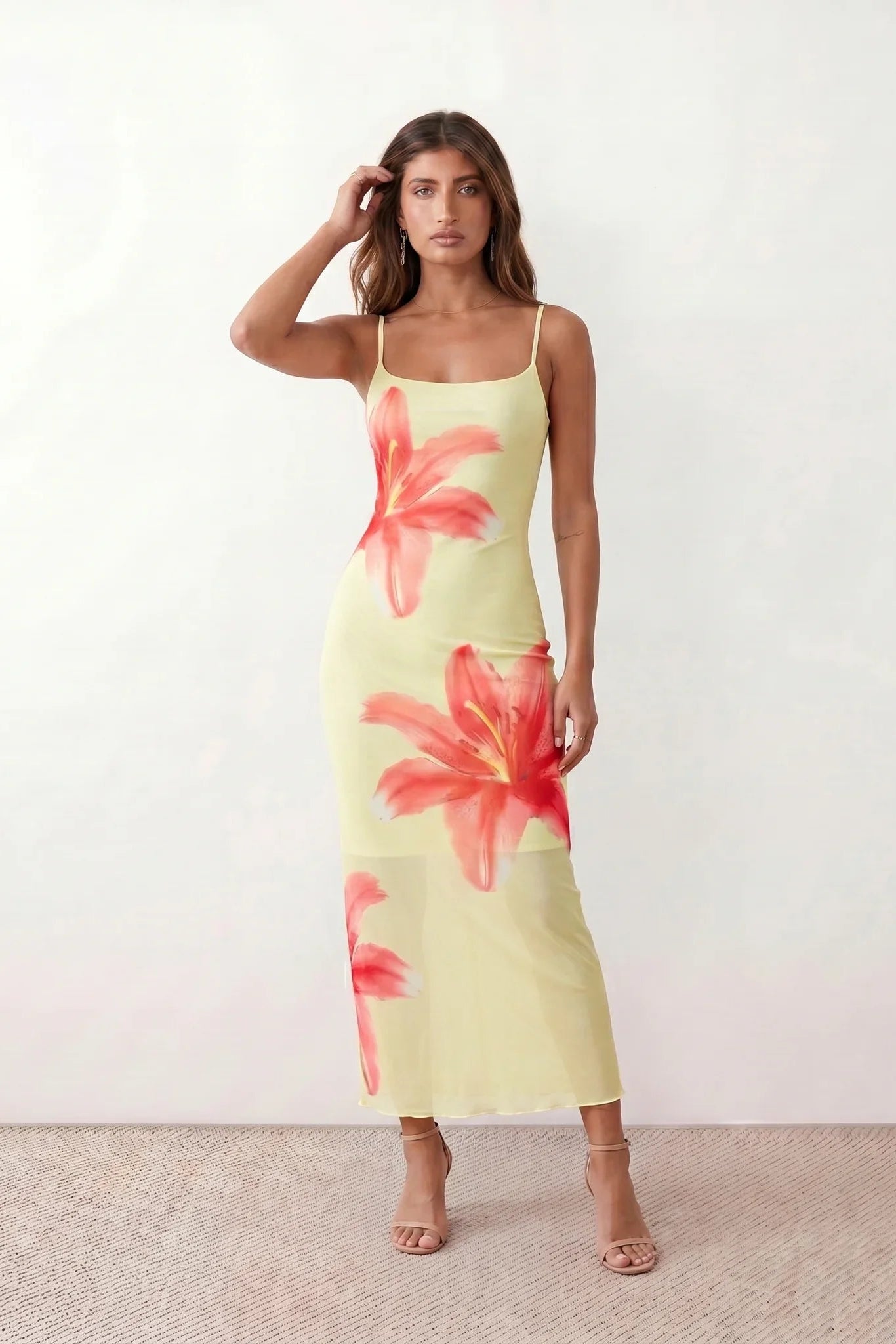 Women's floral slip maxi dress with a square neckline, delicate spaghetti straps, and a body-skimming silhouette featuring an all-over floral print on a sheer mesh overlay, ideal for weddings, summer occasions, and elegant evening wear.