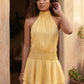 Bella Glossy Halter Mini Dress with a halter mock neckline, tie-back closure, smocked waist, open back, and tiered ruffle mini skirt in a glossy finish, available in Beige, Red, Purple, Yellow, Pink, and Light Blue.